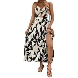 Commense‎ Black Leaf Print Halter Neck Tie Back Twist Cut Out Side Slit Maxi L
